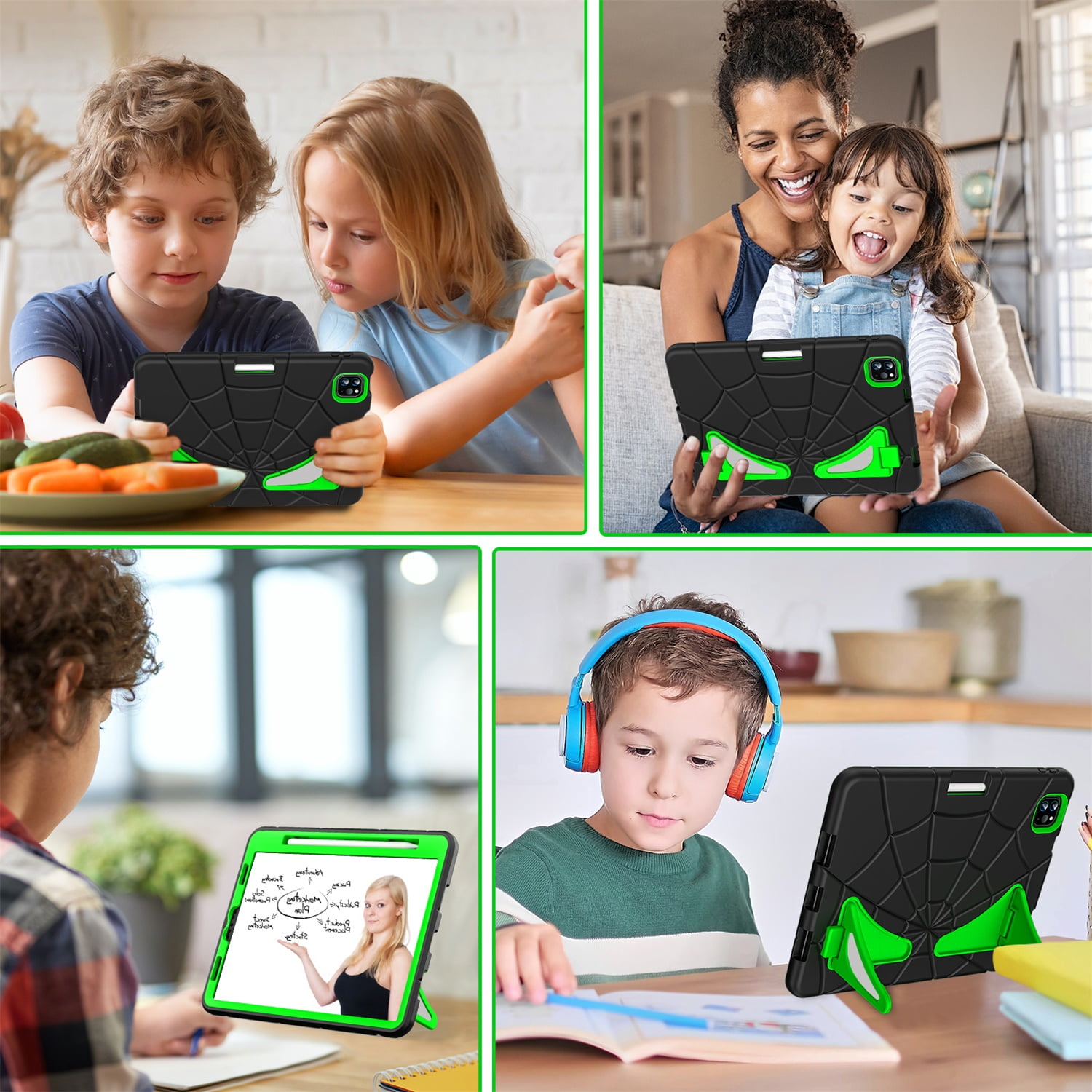 Kids Case for iPad 9th/8th/7th Generation with Pencil Holder, Lightweight Shockproof Stand Anti-Slip Rugged Silicone PC Case Cover for iPad 10.2" 2021/2020/2019 for Boys Girls, Black+Green