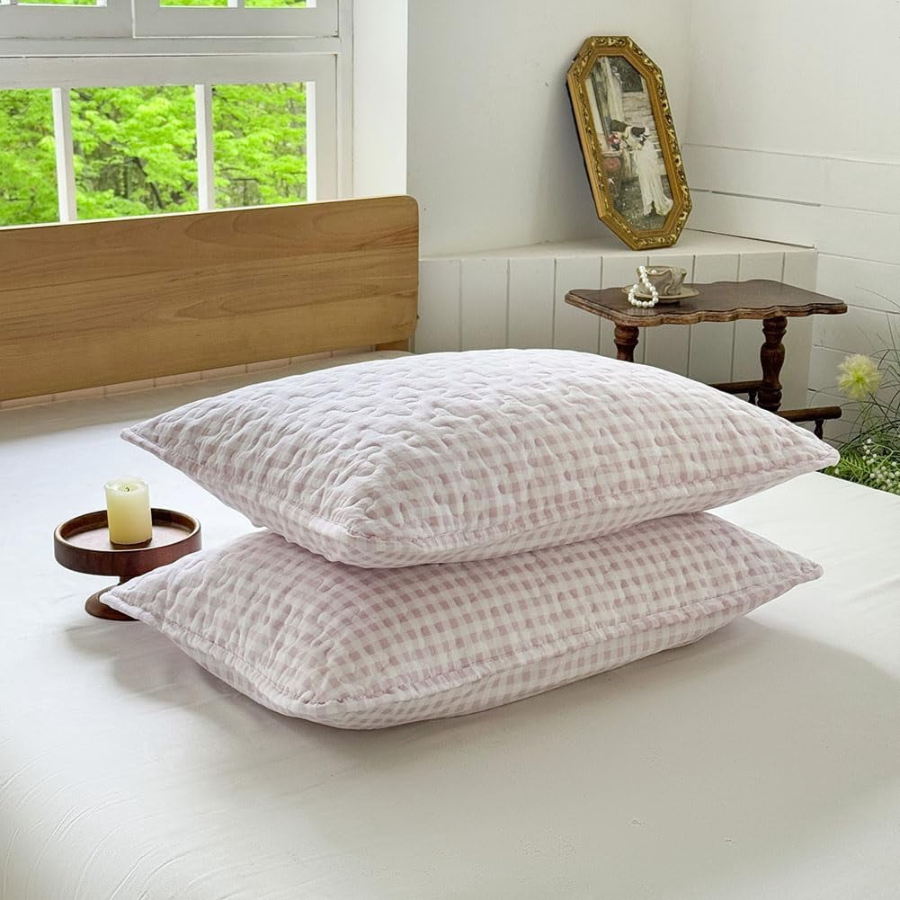 Pink Gingham Queen Quilt Set, Soft Pre-Washed Microfiber Plaid Queen Bedspread, Lightweight Checked Summer Quilt, Grid Bedding Coverlets for All Seasons (Includes 1 Quilt, 2 Pillow Shams)