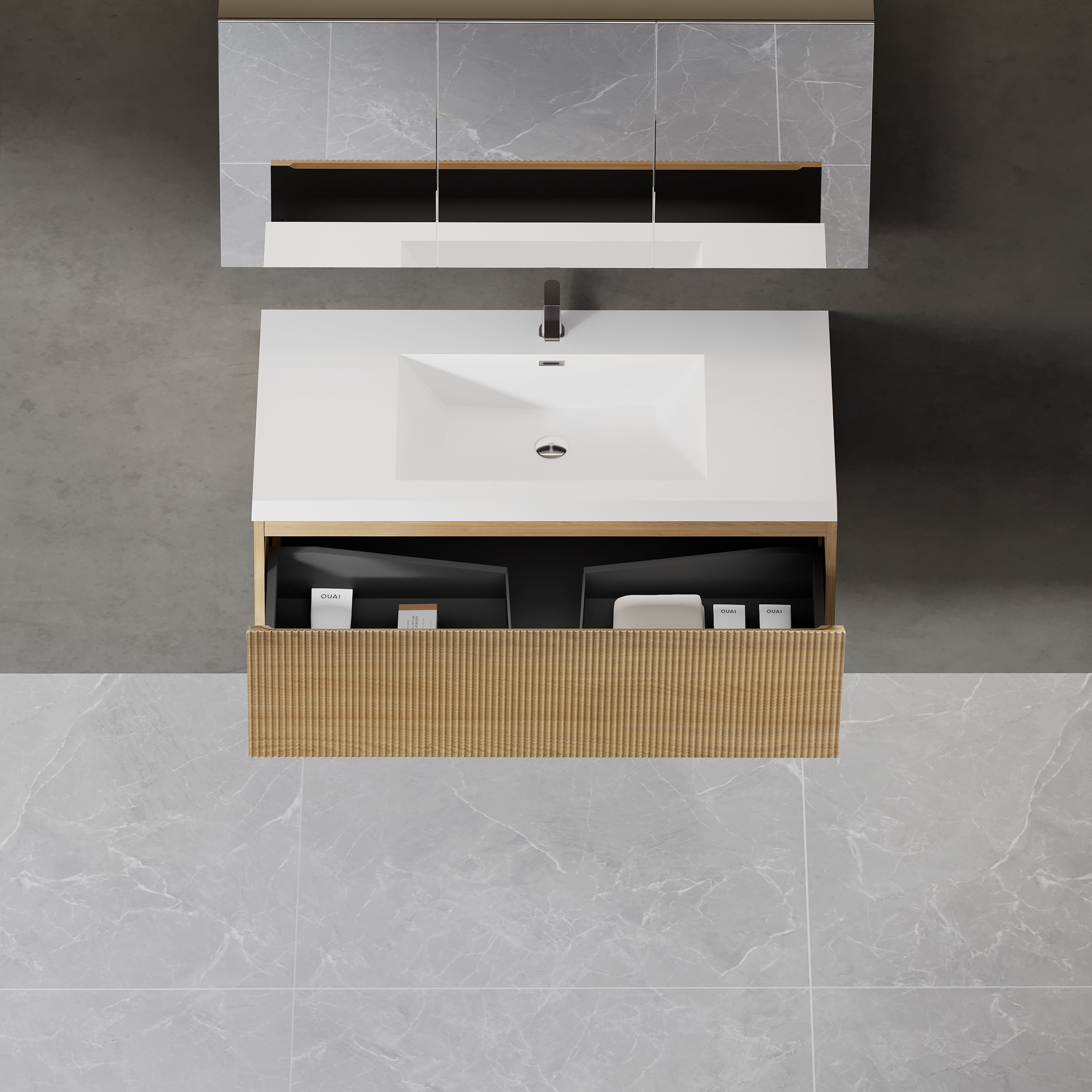 Yoneston 42" Floating Bathroom Vanity, Modern Wood Wall-Mounted Striped Bathroom Storage Cabinet with Soft Close Drawer and Glossy White Solid Surface Basin, Natural