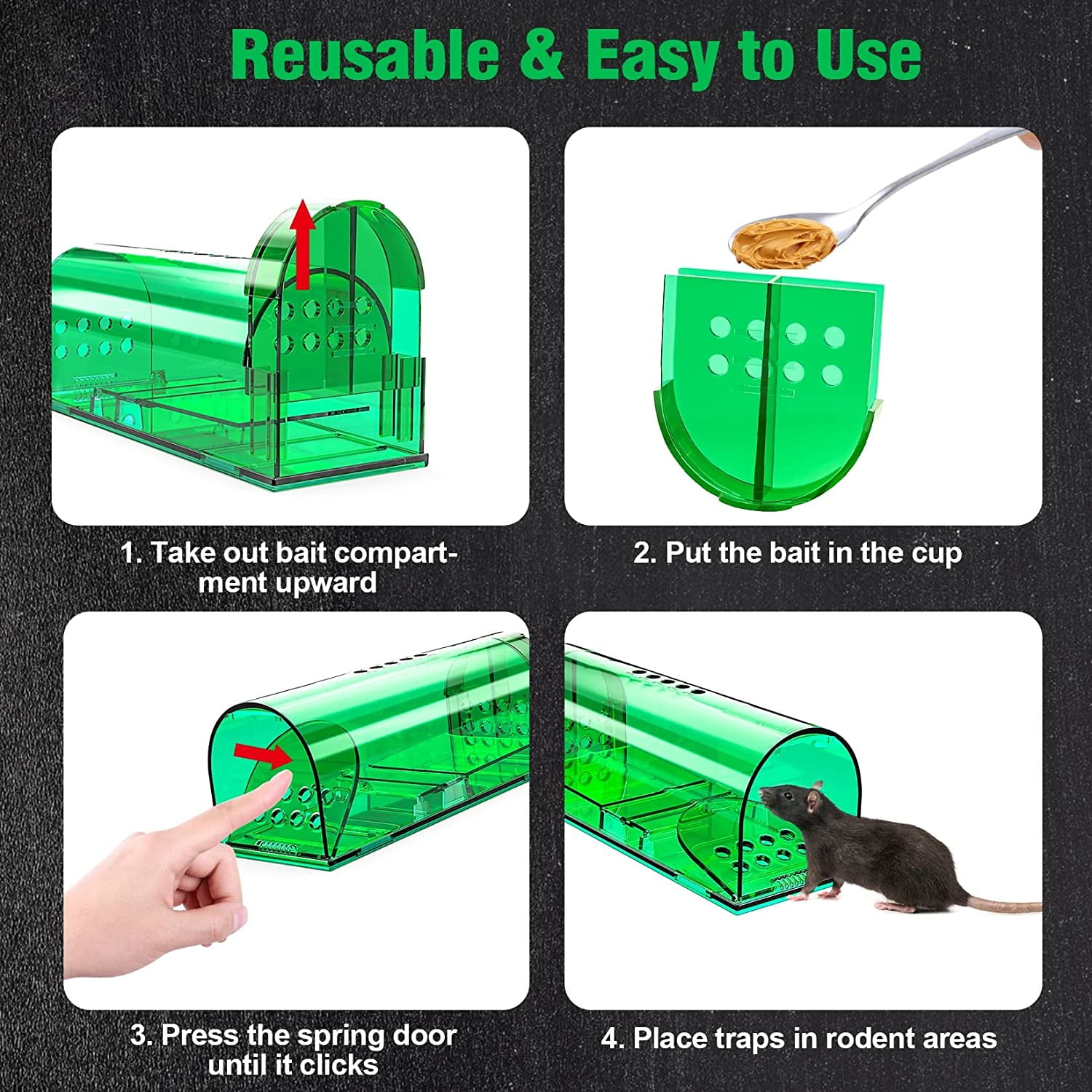 4 Pcs Humane Mouse Trap Catch and Release Mouse Traps Indoor for Home No Kill Best Reusable With Cleaning Brush Indoor/Outdoor Mousetrap Catcher Non Killer Small Capture Cage
