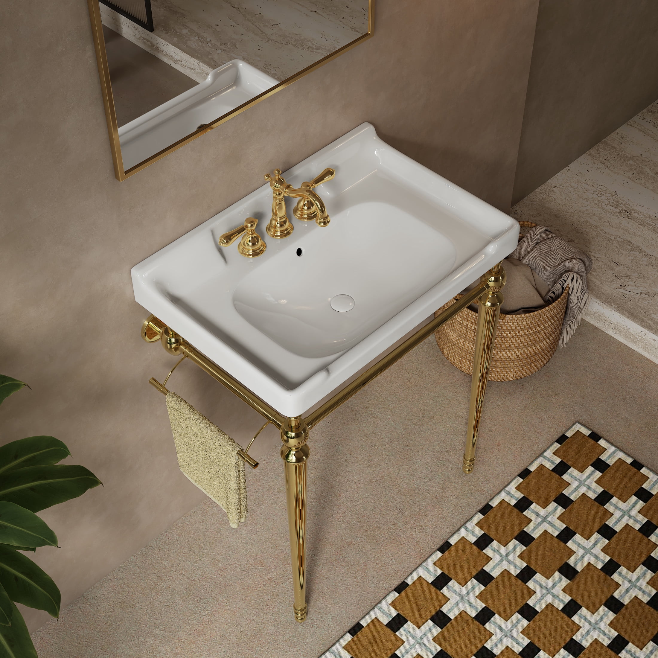 Noble House VICI 28" Bathroom Console Sink, Wall-Mounted Ceramic Basin Vanity with Stainless Steel Legs, White & Gold