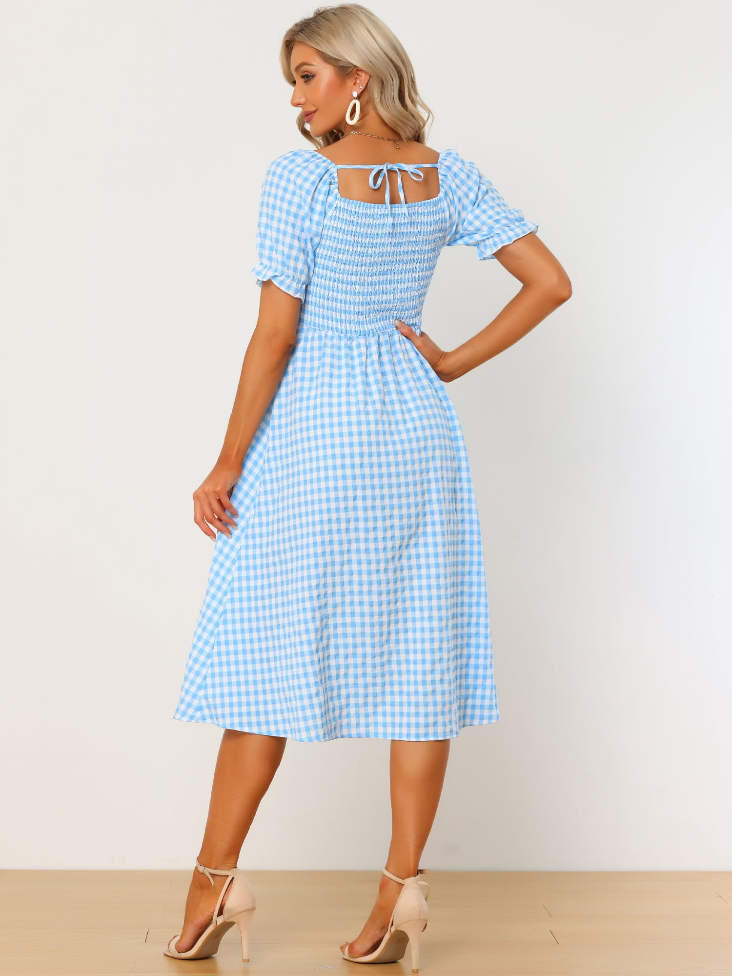 DARING DIVA Puff Sleeve Square Neck Gingham Dress M Light Blue