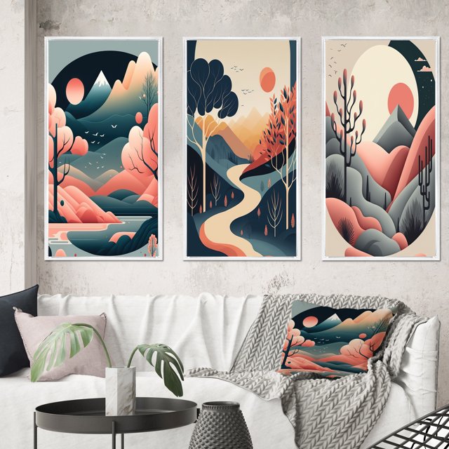 Designart "Full Red Moon Casting Glow on Mountains I" Landscape Mountains Framed Wall Art Set Of 3 - Yellow Mountains Frame Gallery Set For Office Decor