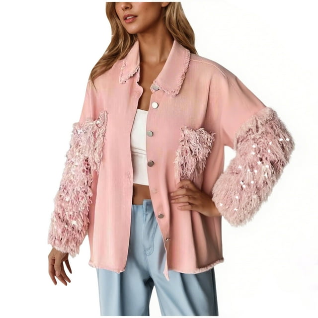 Dagegui Womens Shirt Jackets Casual Button Down Long Sleeve Shirts Solid Color Fall Shackets with Tassel Pink M