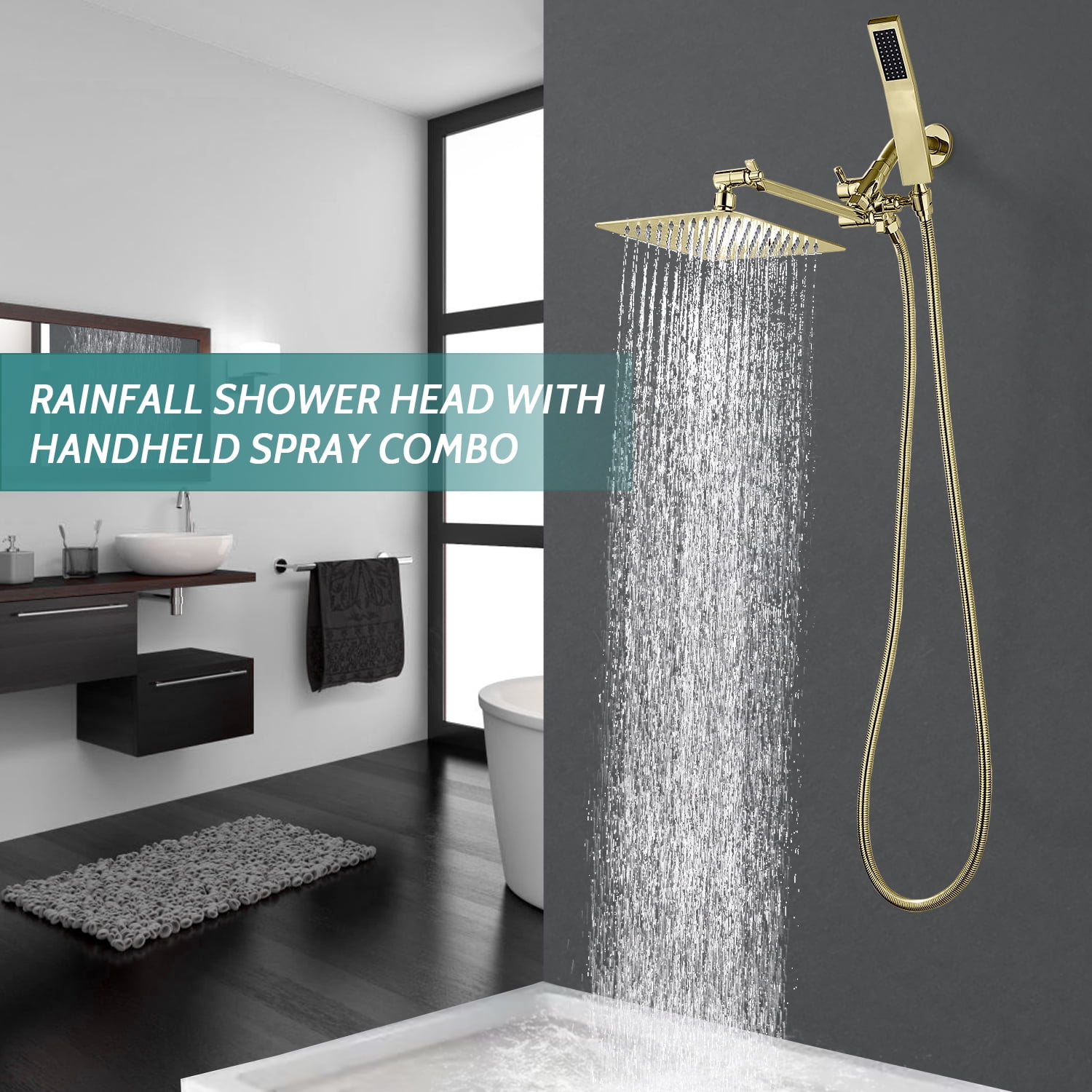 All Metal Dual Square Shower Head Combo, Rain Shower Head with Handheld Shower Wand and Extra Long Flexible Hose (Polished Brass)
