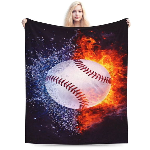 Baseball Fire and Water Throw Blanket, Dynamic Sports Art Fleece Blanket, Soft Warm Decorative Blanket for Sofa Bed Couch, Modern Adult Home Decor 50x40
