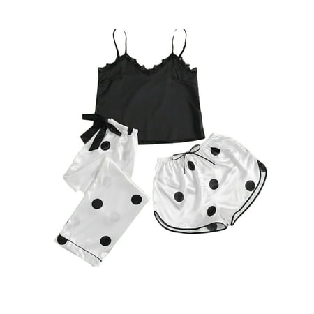 

Glonme Ladies Polka Dot Printed Sleepwear Nightwear Three Piece Pajamas Set Camisole+Shorts+Pants Homewear