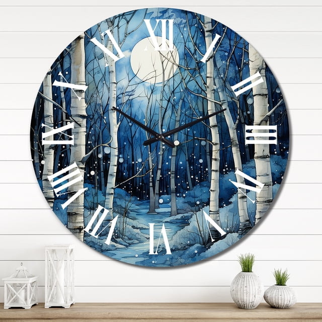 Designart "Mystic Moonlight Birch Woods I" Landscapes Oversized Wall Clock