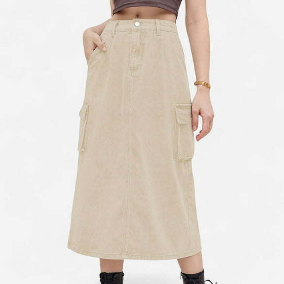 Women's Utility Midi Skirt with Side Cargo Pockets Button Waistband and Belt Loops - Small, Khaki
