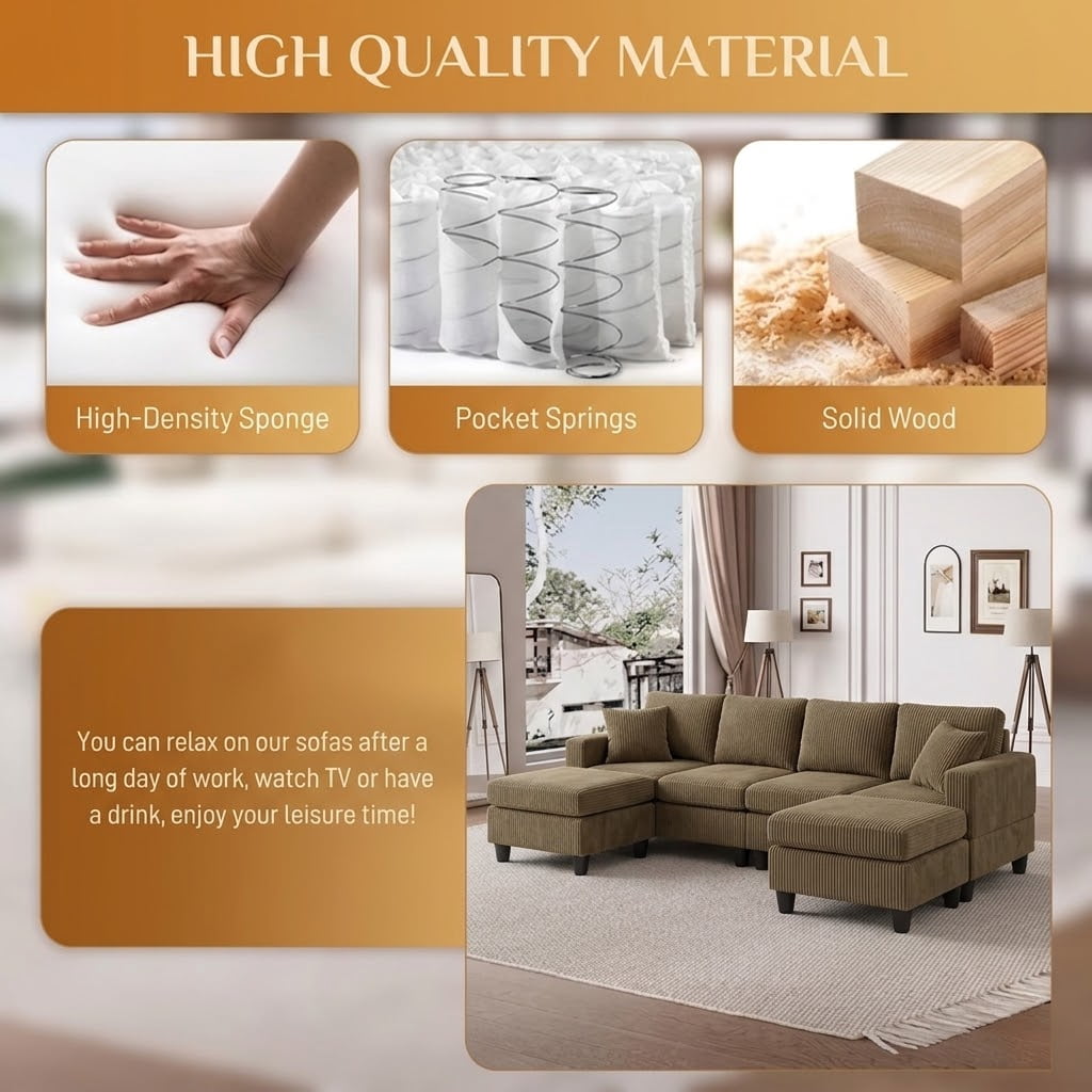 Howcool 106" Cloud Sectional Sofa with Extra Deep Seat,U Shaped Sectional Couches for Living Room,4 Seater Corduroy Sofas & Couches,Modern Apartment Couch with Double Chaise Lounge,Camel