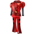 thumbnail image 4 of Kids Rise Red Costume Girls Short Sleeves Jacket Top Flared Pants Wig 4pcs Halloween Princess Dress up 5-15Y, 4 of 7