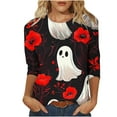 thumbnail image 2 of Delliss Women's Halloween Print Pullover Baggy Sweatshirt Loose Round Neck 3/4 Sleeve T-Shirt Classic Top Wine XXXXL, 2 of 5