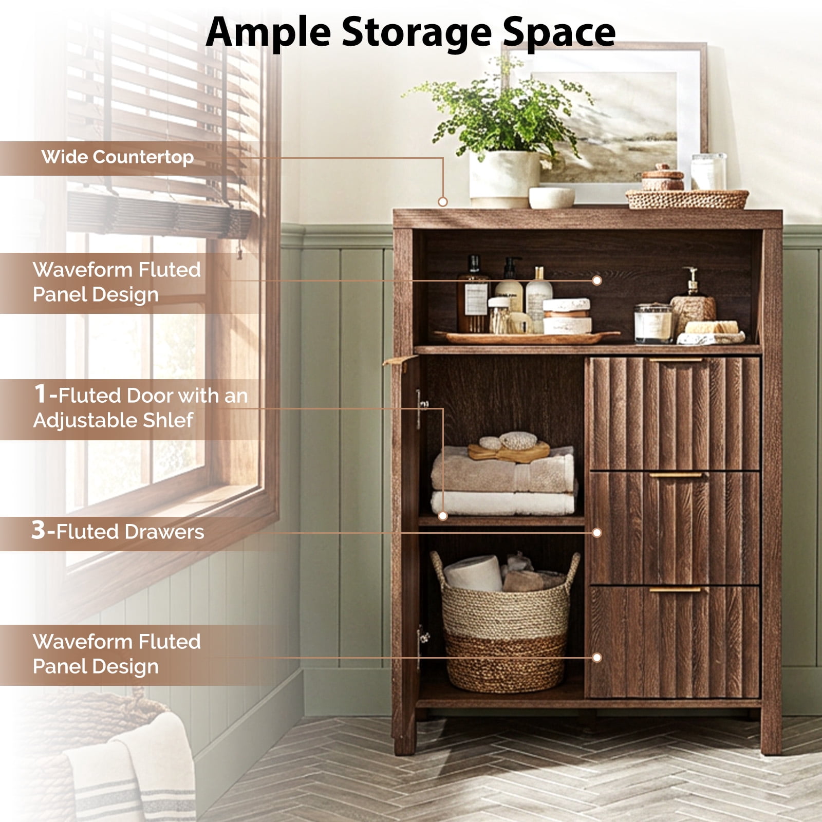 Ktaxon Fluted MDF Bathroom Floor Cabinet with Grille Single Door and Three Drawers, Walnut