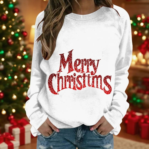 HongQid Christmas Pullover for Women Christmas Theme Printed Graphic Sweatshirt Long Sleeve Round Neck Fall Tops