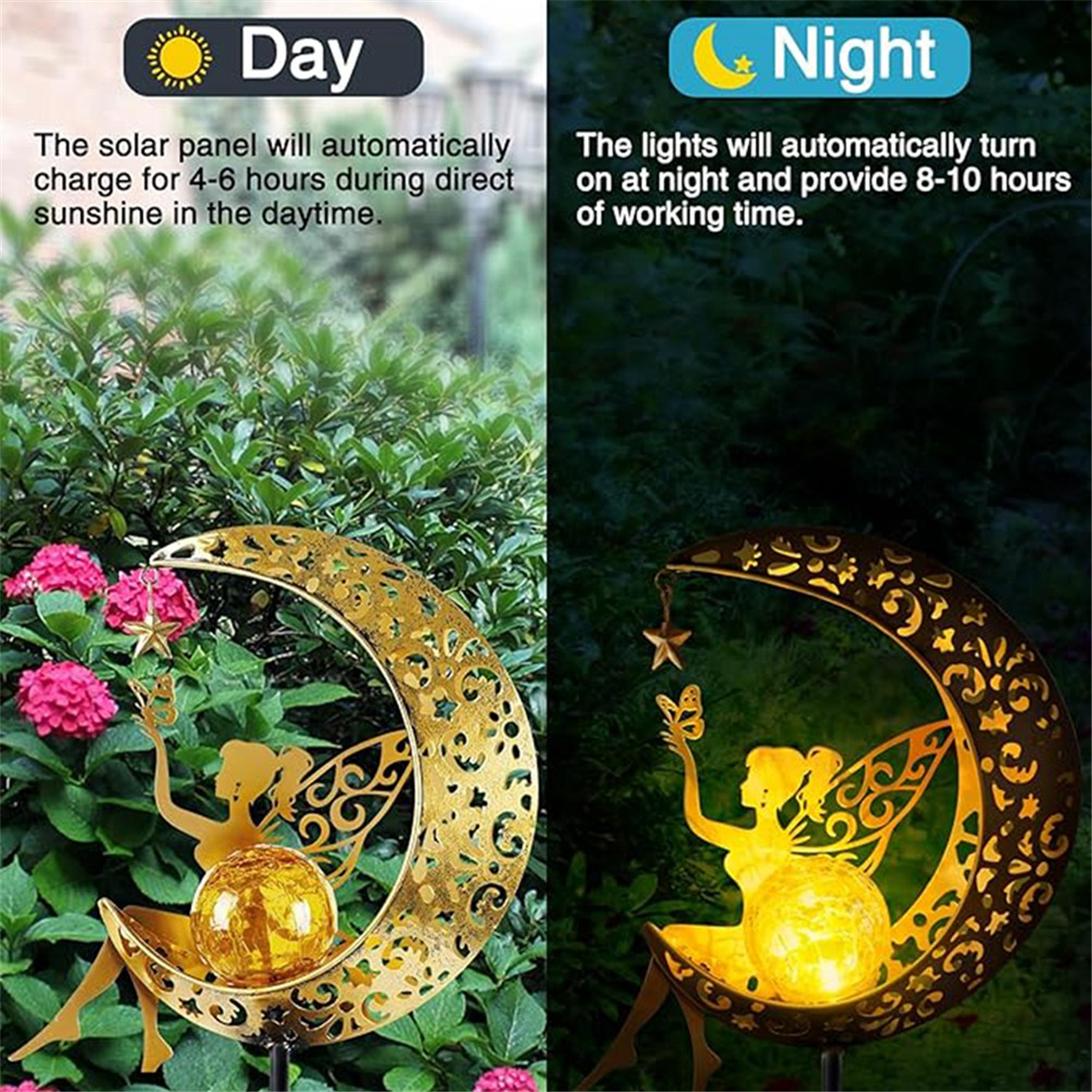Solar Garden Lamp Statues Outdoor Decor, Fairy Moon Figurine Light Stake, Housewarming Ornament for Patio, Lawn,