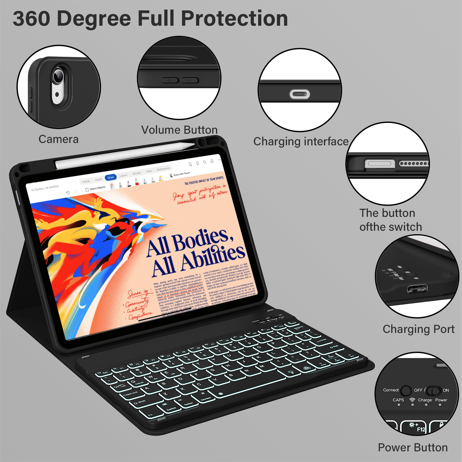 Kenke Keyboard Case for iPad Air 11-inch M3/M2 (2025/2024), iPad Air 5th/4th Generation (2022/2020) - with Pencil Holder,7 Colors Backlit Keyboard,Wireless Detachable Keyboard Cover,(Black)
