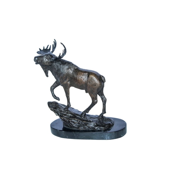 Bronze Moose Statue on Marble Base with Antlers Raised 10" x 6" x 9"H
