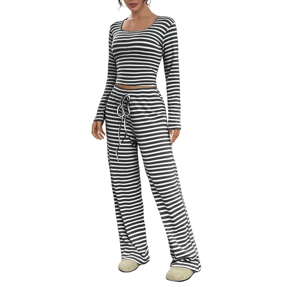 Prolriy Fall Outfits, Womens 2 Piece Outfits Striped Long Sleeve Square Neck Cropped Top Wide Leg Pants Sets Sweatsuits Lounge Sets for Women Black L