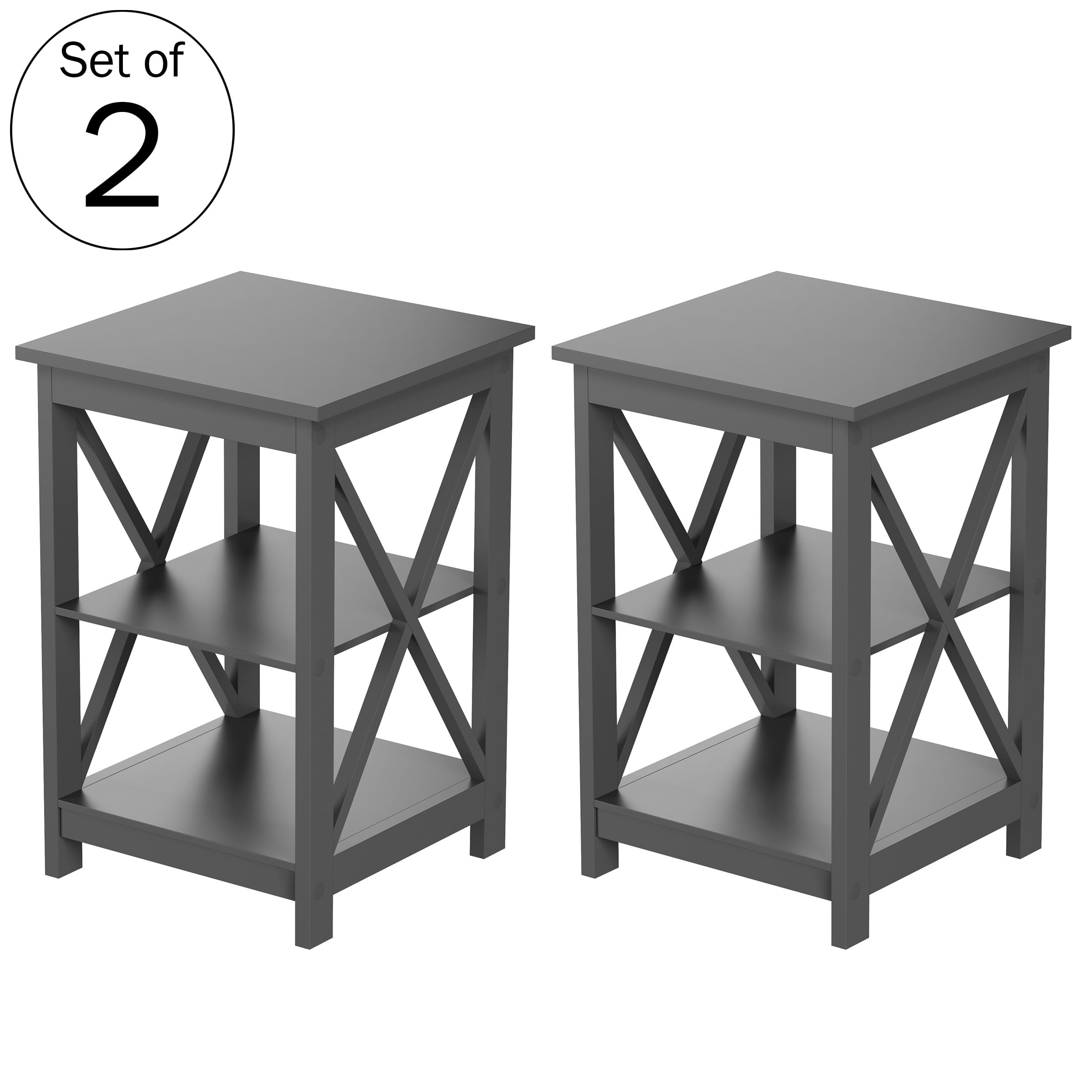 Lavish Home Side Tables with 2 Shelves (Set of 2), Grey