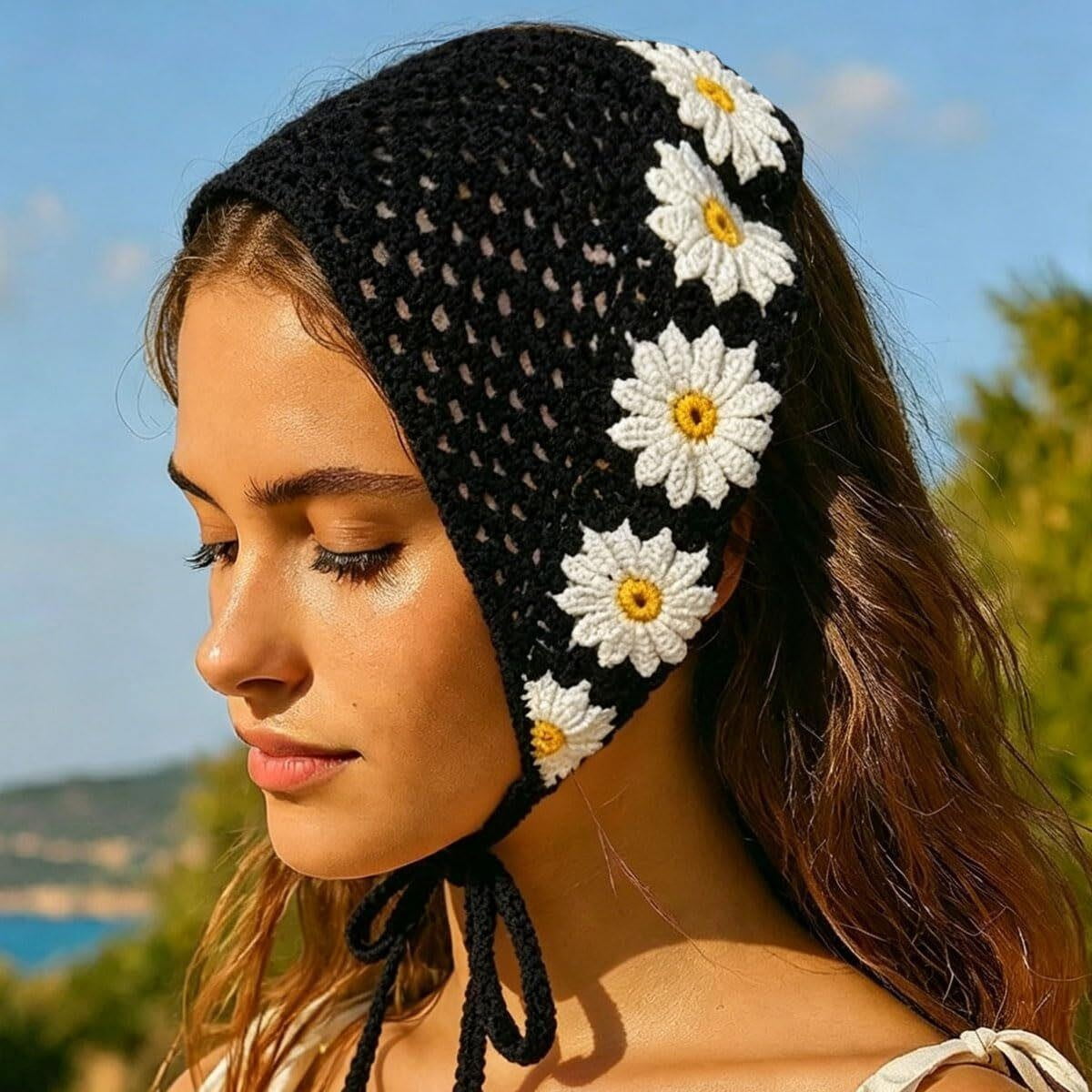 ZKSNART 1 Pack Knitted Hair Tie Headwrap, Floral Crochet Kerchief Scarf ...