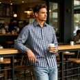 thumbnail image 3 of Stretch Fabric Checkered Long Sleeve Button Up Shirt for Men Classic Gingham Pattern Lapel Collar Regular Fit Lightweight Business Work Casual Easy Outfit Pairing Shirts 3XL, 3 of 6