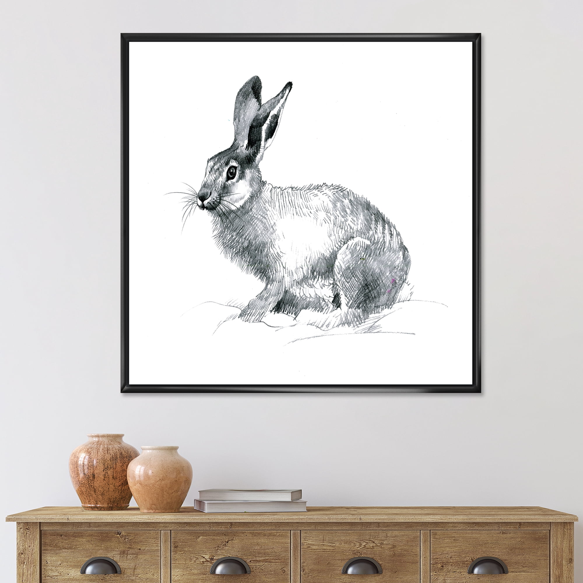Designart 'Black and White Portrait Of Rabbit' Farmhouse Framed Canvas Wall Art Print