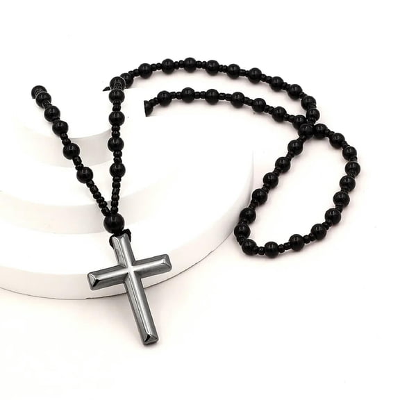 QQTDFG Black Praying Beaded Chain Catholic Christ Hematite Cross Pendant Men Necklace-default