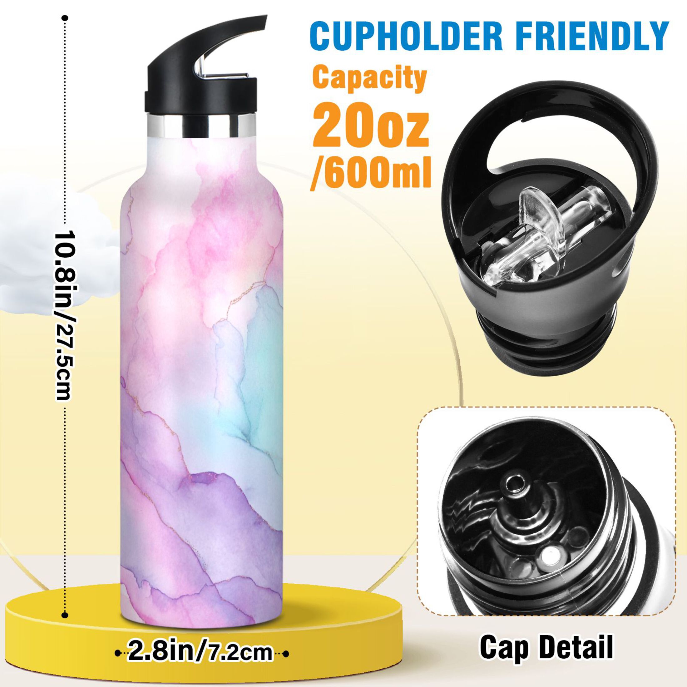 Kids Insulated Stainless Steel Sports Water Bottle 600ml (20oz) Pastel Pink Marble Texture