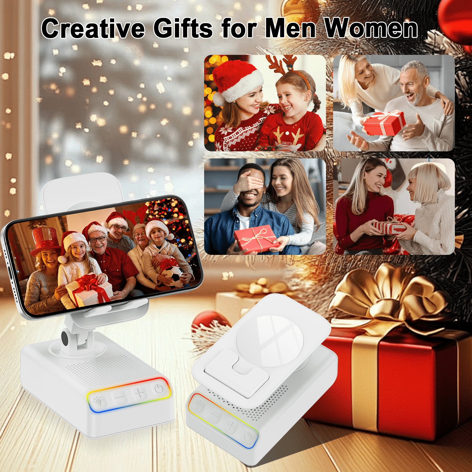 Adjustable Cell Phone Stand with Wireless Induction Bluetooth Speaker, HD Surround Sound, Color-Changing LED Light, and Non-Slip Phone Holder – Perfect for Yoga and Kitchen, a Great Gift for Everyone