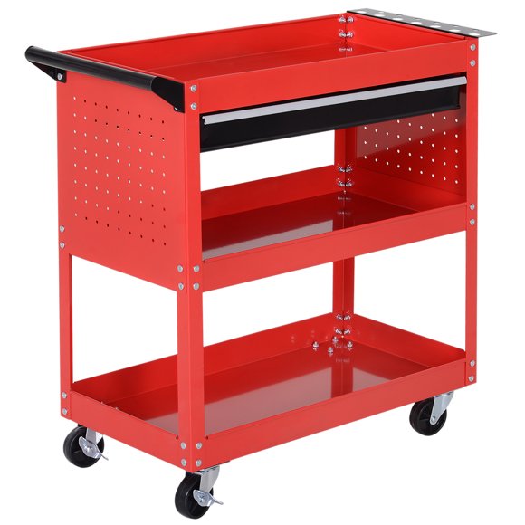 HOMCOM Rolling Tool Cart with Wheels Storage Trays for Garage Warehouse Red