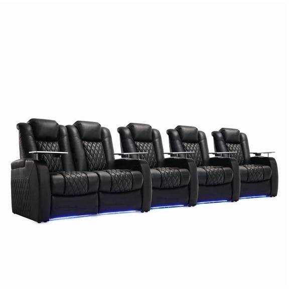 Weilianda Luxury Home Theater Seating Electricity Recliner Power Headrest Recliner Top Grain Leather Movie Chair Gaming Sofa with Tray Table USB Charging Cup Holders,Row of 5 Loveseat Left Black
