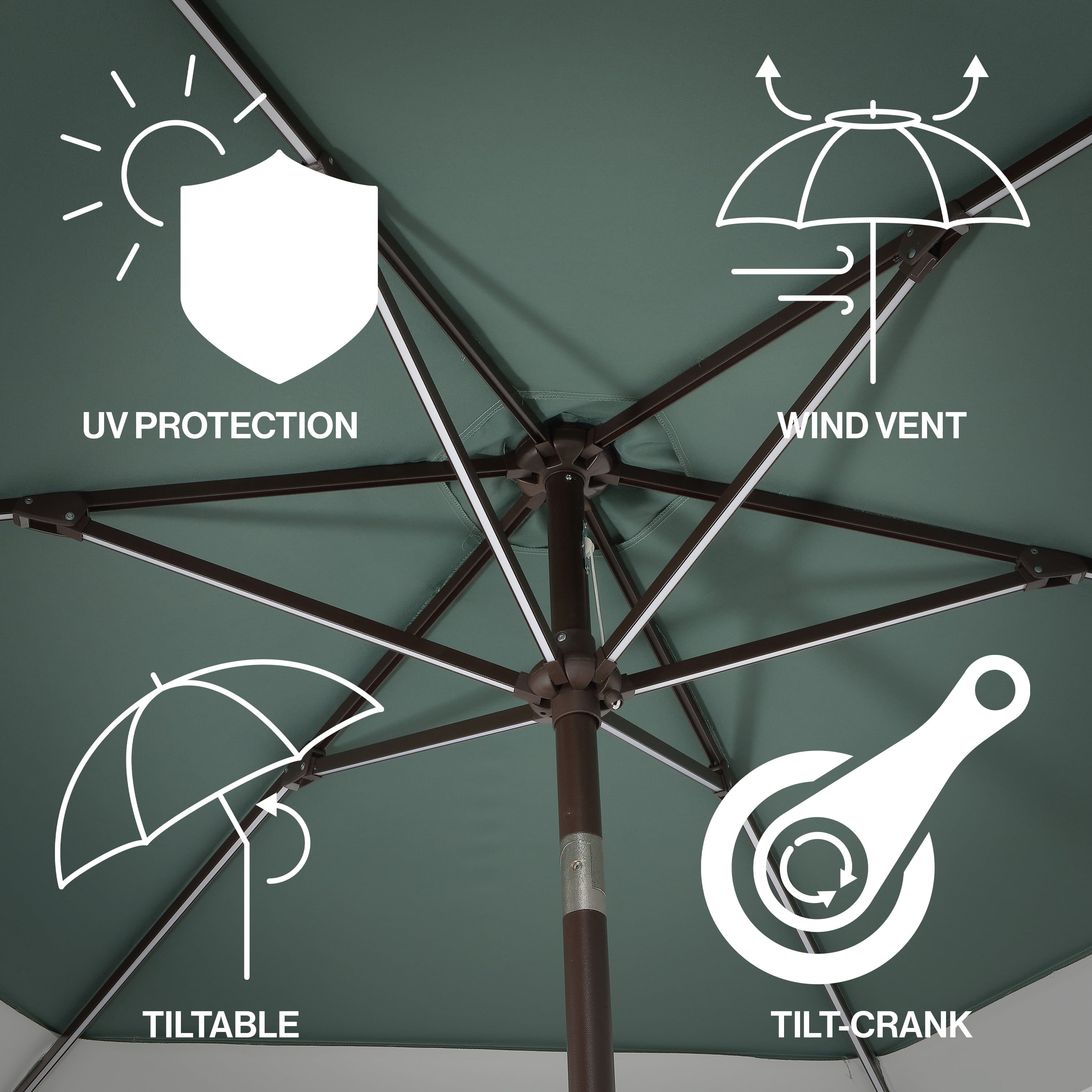 JONATHAN Y Spencer 9 ft. Solar LED Market Patio Umbrella, Classic Coastal 2-Tone, with 12 LED Strip Lights, Auto-Tilt, Crank and UV Protection, Green/White