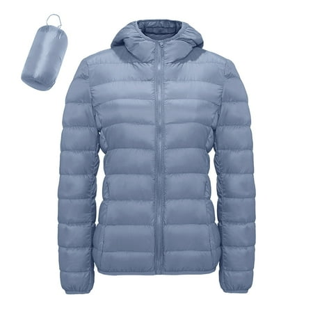 MIASHUI Women s Casual Solid Color Lightweight Waterproof Down Jacket White Feather Hooded Parka Coat Blue M