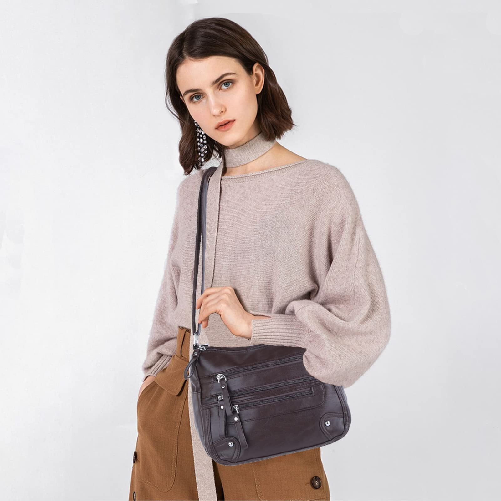 10 Pockets Crossbody Purses for Women Medium Pocketbooks Lightweight Ladies Satchel Bag Multi Pocket Shoulder Handbag