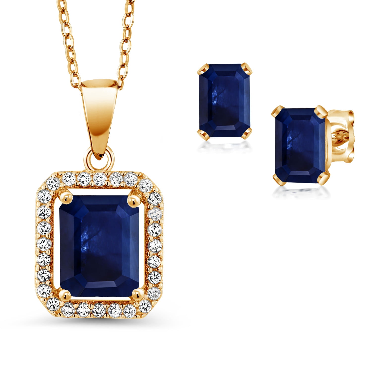 Gem Stone King 18K Yellow Gold Plated Silver Blue Sapphire Pendant and Earrings Jewelry Set for Women (4.04 Cttw, Emerald Cut 9X7MM and 6X4MM, Gemstone September Birthstone, with 18 inch Chain)