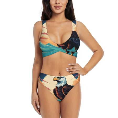 Zeuib Cartoon Iceberg Bald Eagle High Waisted Tummy Control Bikini Set - Knot Front Push Up Top & Cheeky Thong Bottom  Two-Piece Swimsuit for Women-Medium