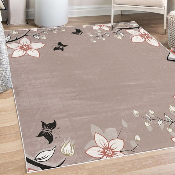 Floral Decorative Rug, Spring Flowers Leaves Branches Buds Butterflies Frame Like Abstract Art Pattern, Quality Carpet for Bedroom Dorm and Living Room, 6 Sizes, Pale Rose, by Ambesonne