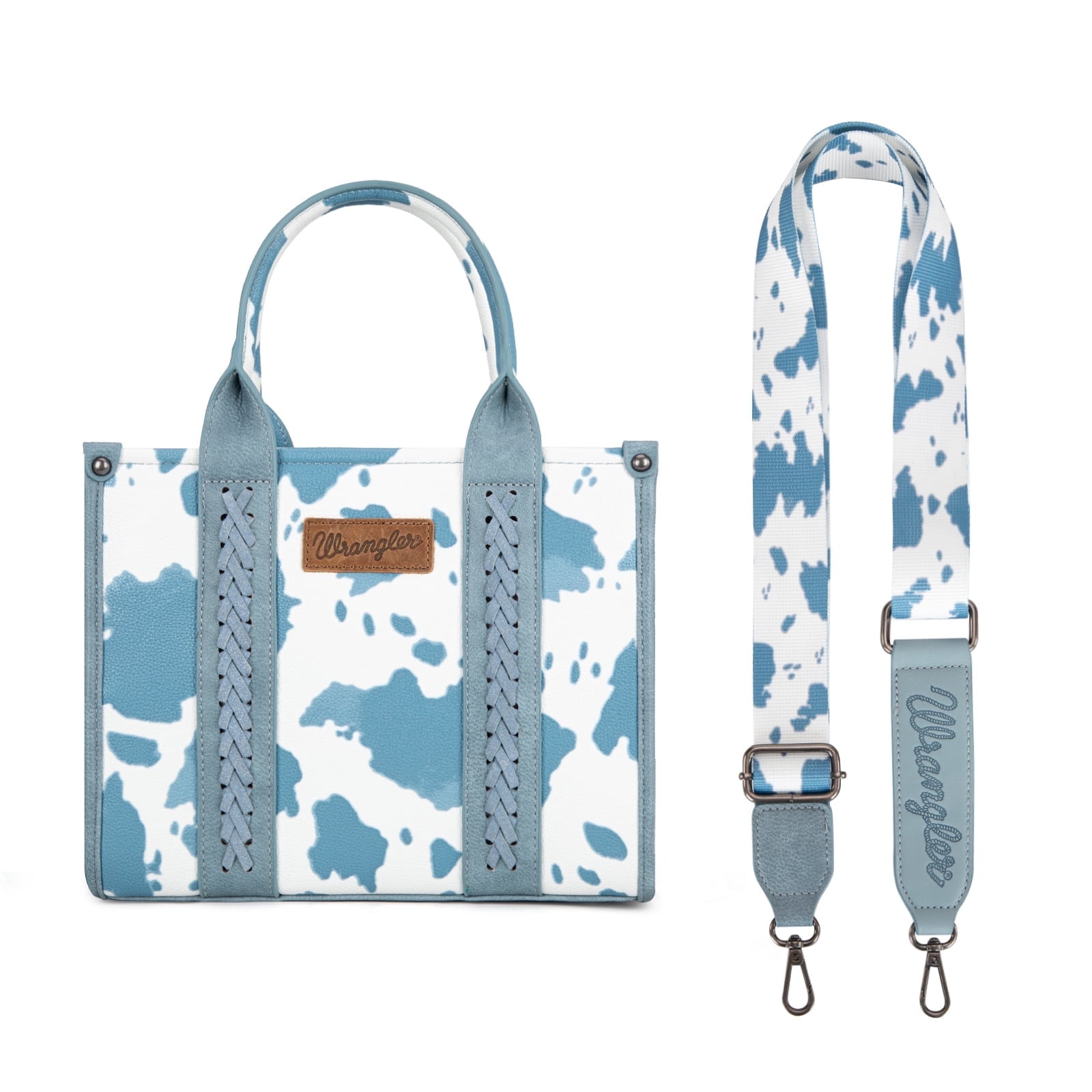 Wrangler Cow Print Tote Bag for Women Western Purse Boho Top Handle Satchel Handbag with Signature Strap, Cow-Blue