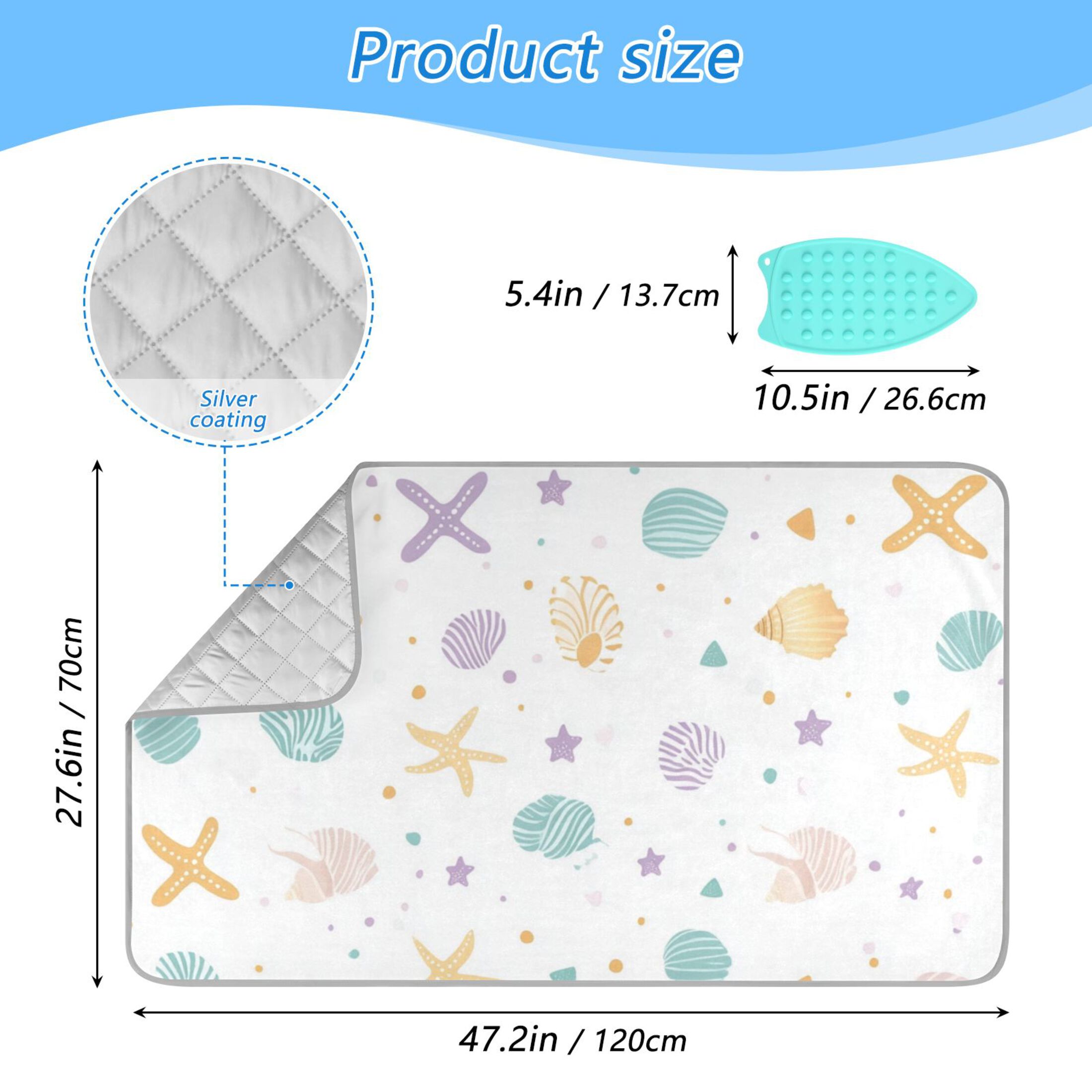 Colorful Stars Shells and Dots Ironing Mat Blanket Portable Travel Ironing Pad Heat Resistant Pad 47.2" x 27.6”