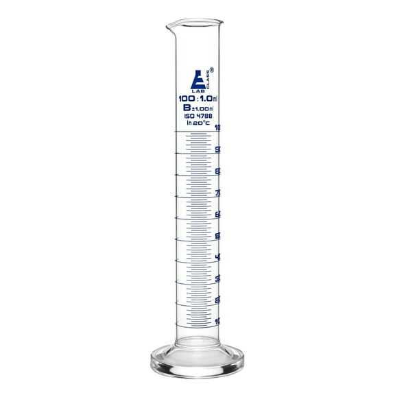 Graduated Cylinder, 100ml - Class B Tolerance ?1.00ml - Round Base - Blue Graduations - Borosilicate 3.3 Glass - Eisco Labs
