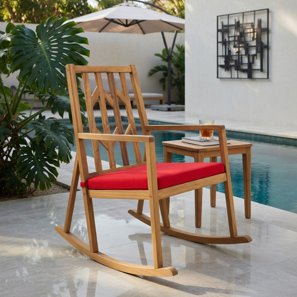 Hommoo Acacia Wood Patio Rocking Chair Sofa with Removable Cushion, Natural Wood Frame, Outdoor Garden & Deck Seating for Backyard, Poolside, Porch, Red