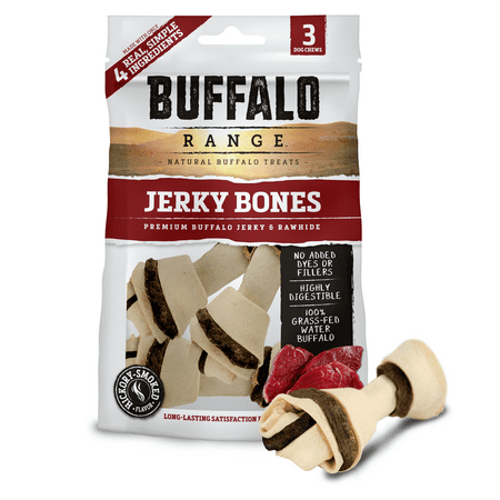- Buffalo Range Rawhide Dog Treats | Healthy, Grass-Fed Buffalo Jerky Raw Hide Chews | Hickory Smoked Flavor | Jerky Bone, 3 Count