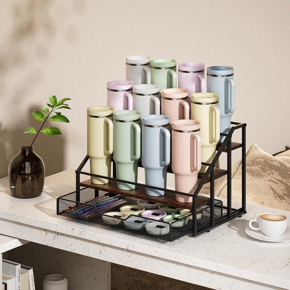 MOJOHAND Water Bottle Organizer for Stanley, 4-Tier 12 Bottles Rack with Storage Basket for Cup Accessories, Large Tumbler Holder Stand, Water Bottle Holder Wine Rack