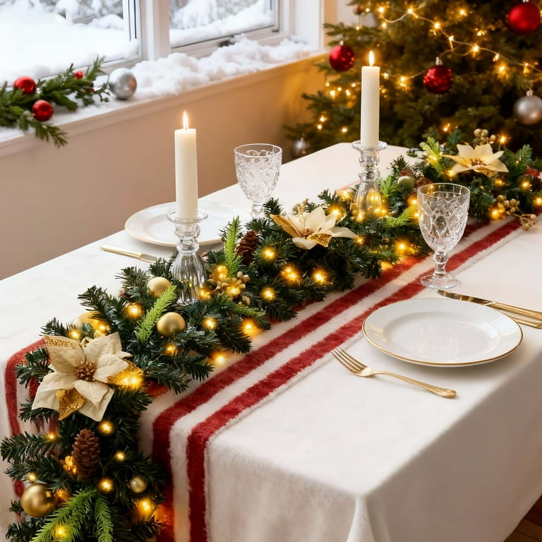 9ft Pre-Lit Gold Christmas Garland With LED Lights - Battery Operated, Timer, For Fireplace, Stairs, Table