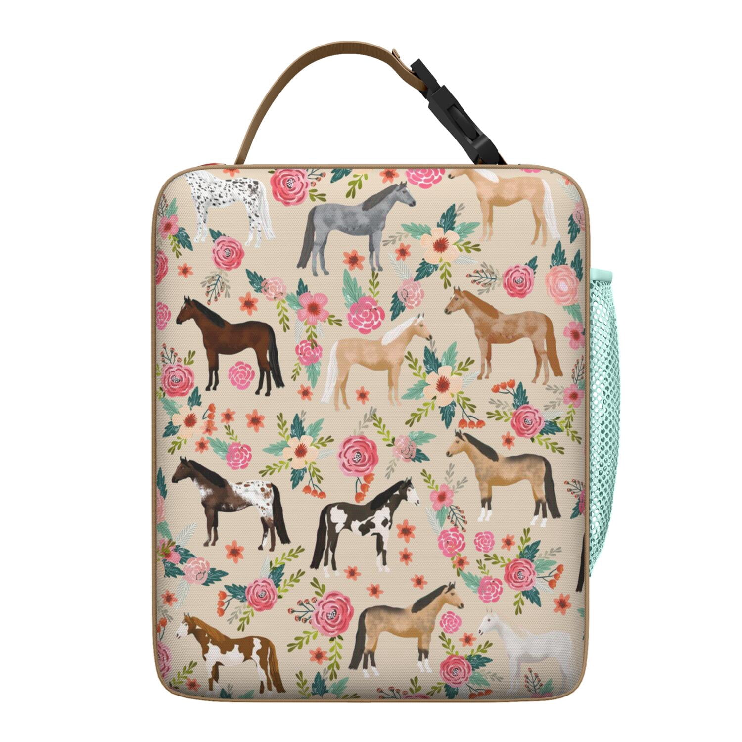 Pony and Unicorn Lunch Box, Cute Horse Print with Flowers and Rainbow, Retro Rural Design, Insulated Bento Cooler for School, Work, Horse Lovers