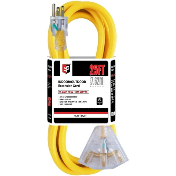 EP 25 Ft Lighted Outdoor Extension Cord with 3 Electrical Power Outlets - 12/3 SJTW Heavy Duty Yellow Extension Cable with 3 Prong Grounded Plug for Safety