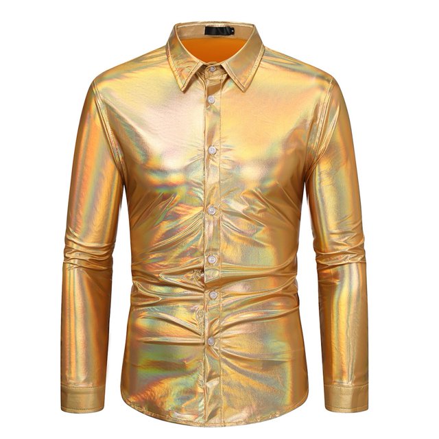Mens Disco Dress Shiny Shirt Long Sleeve Casual Button Down Shirt Nightclub