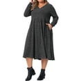 thumbnail image 4 of Women's Plus Size Sweater Dresses V Neck Long Sleeve Ribbed Knit Elegant A Line Dress with Pockets 1X Dark Gray, 4 of 6