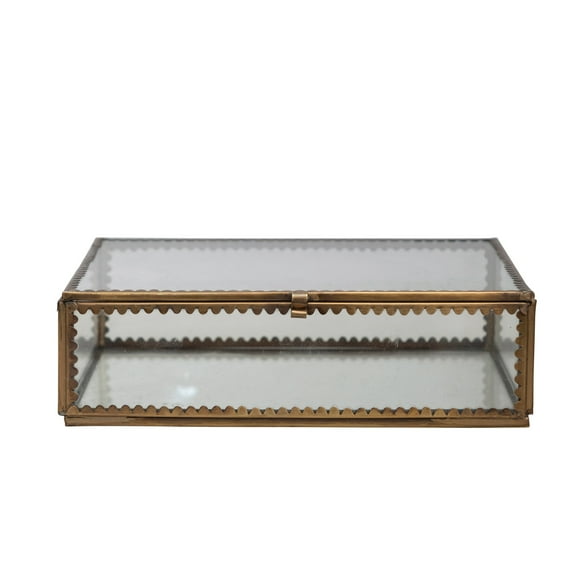 Creative Co-Op Long Brass and Glass Display Box with Scalloped Edges and Antique Finish, Brass Color