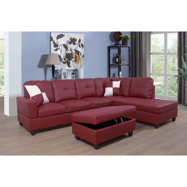 Ponliving Furniture Frame 103 5 Left Or Right Facing Sleeper Sectional With Storage Ottoman Living Room Couches Set Red Leather Sofa Com Red Leather Sectional Sofa, Red Leather Sectional Sofa
